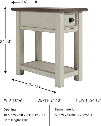 Signature Design by Ashley Bolanburg Chairside End Table With Charging Station, Two-Tone Wood Accent Table With Drawer Storage, Plank Top Design for Living Room or Bedroom, Antique White