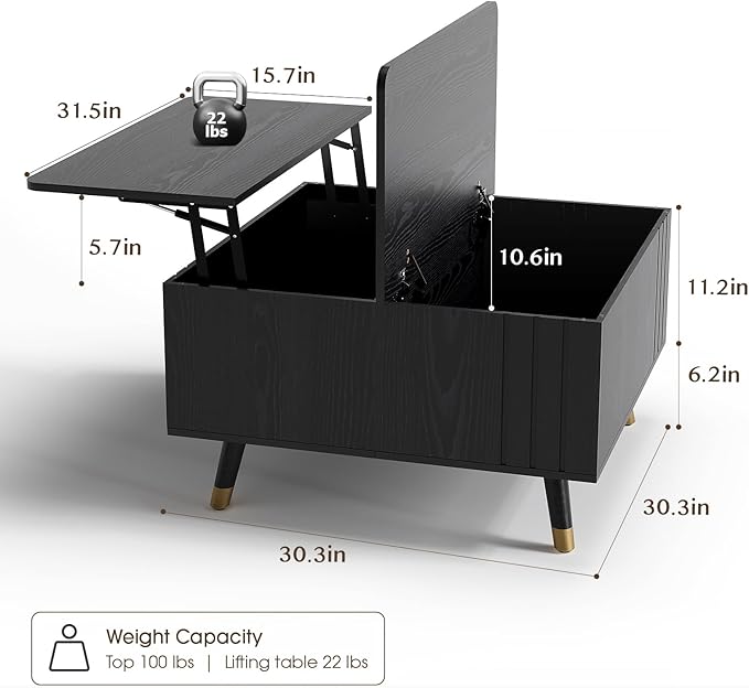 32" Square Lift Top Coffee Table with Storage, Modern Black Center Table for Living Room, Minimalist Wood Cocktail Table with Rising Desktop, Home Office
