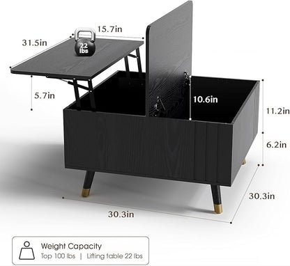 32" Square Lift Top Coffee Table with Storage, Modern Black Center Table for Living Room, Minimalist Wood Cocktail Table with Rising Desktop, Home Office