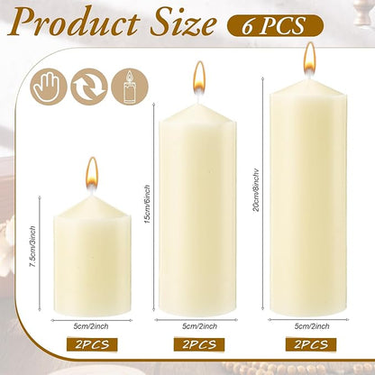 MTLEE 6 Pcs Pillar Candles 3 Set 2 in x 3, 6, 8 Inch Smokeless Dripless Unscented Pillar Candles Long Clean Burning Wax for Wedding Dinner Party Spa Emergency Ceremony Home Decor (Ivory White)