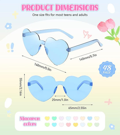 SUNOVELTIES 48 Pcs Heart Shaped Rimless Sunglasses Bulk Light Candy Color Frameless Glasses Colorful Party Eyewear for Women