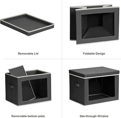 Stackable Storage Bins with Lids - Large Storage Box with Lids, Foldable Closet Boxes for Organizing, Wardrobe Clothes Organizer with Window, Cubes Bins for Living Room, 4 Pack, Dark Grey