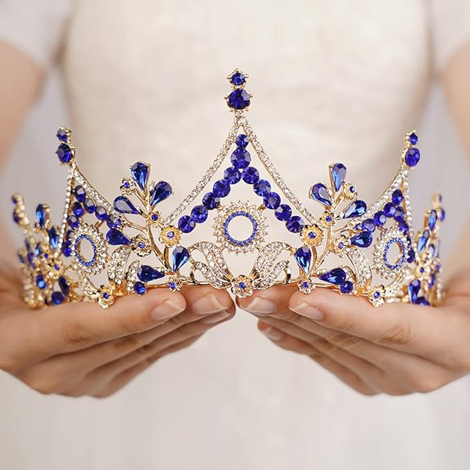 Wekicici Baroque Queen Crown Blue Crystal Tiara Rhinestone Princess Wedding Headband for Women Birthday Pageant Party(Blue)