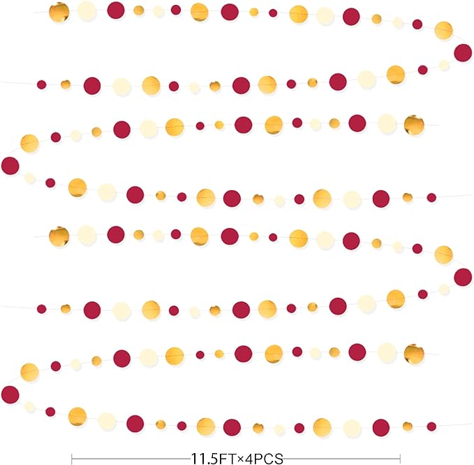 46 Ft Maroon Gold Party Decorations Burgundy Gold Beige Polka Dot Garland Hanging Paper Circle Dots Streamer for Maroon Garnet Graduation Birthday Anniversary Wedding Bridal Shower Party Supplies