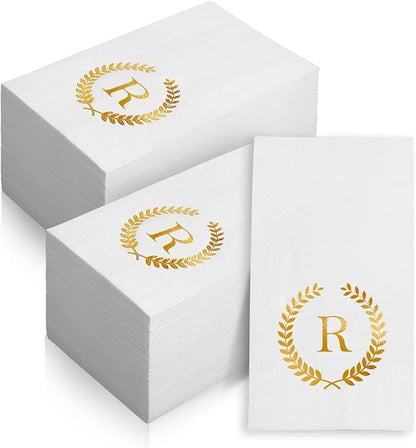 200 Pack Monogrammed Disposable Napkins Gold Foil Letter R Guest Napkins Initial Disposable Hand Paper Towels for Wedding Engagement Baby Shower Party Home Kitchen Bathroom Dinner Decorative Towels
