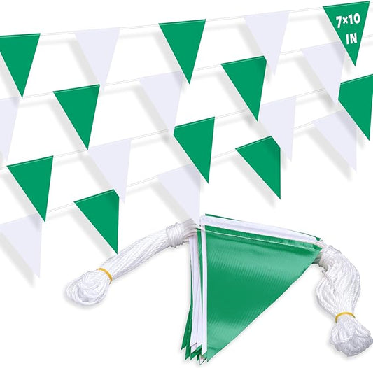 105ft Green and White Pennant Banner Flag, 7"x10" Fluorescent Safety Flagging Banner Warning Flag for Construction Site/Boundary Barrier Signs, Perimeter Marking Flags on String, 45 Flags