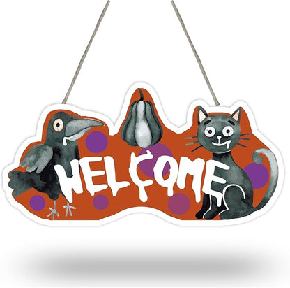 Abstract Raven & Cat Halloween Sign - 6" x 10" Rustic Farmhouse Wall Decor with Jute Rope, Perfect for Halloween, Cottage, Home, Bedroom, Witch Theme, Spooky Seasonal Wall Art. - A04