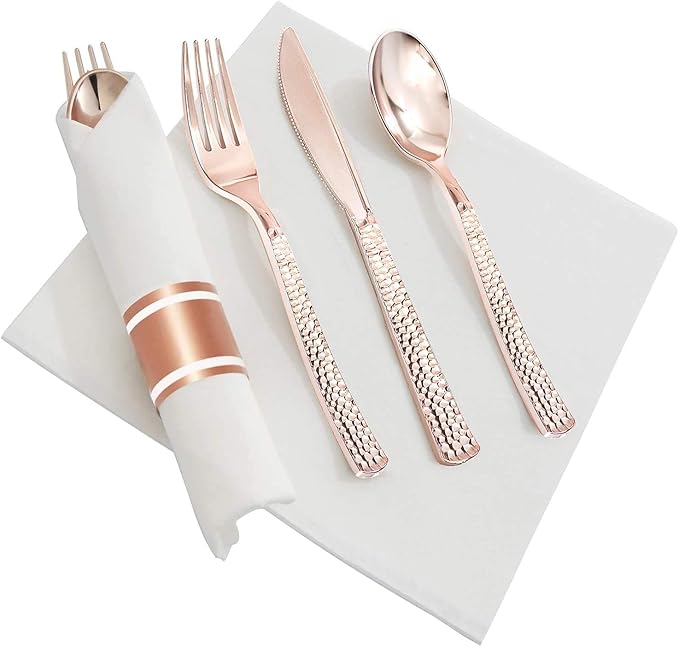 Supernal 360pcs Rose Gold Plastic Silverware,Rose Gold Utensils,Heavy Weight Plastic Cutlery,Disposable Silverware Sets Include 120 Forks,120 Spoons,120 Knives,Suitable for Wedding,Monther's Day,Party