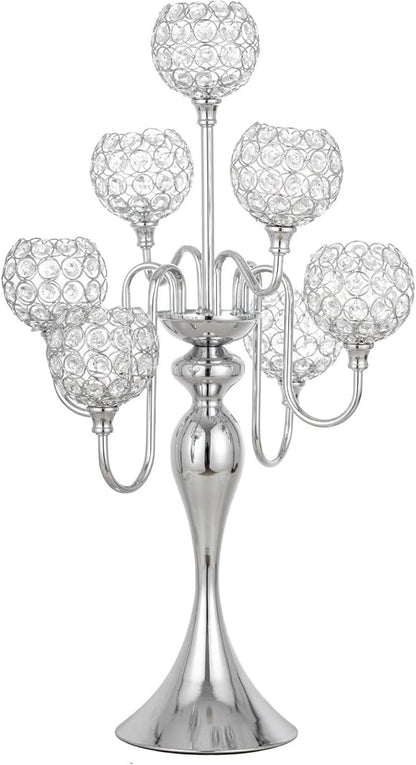 LANLONG Silver Candle Holders for Table Centerpiece 7 Arms Tall Crystal Candelabra Home Wedding Decor Christmas Decorations Centerpieces for Dinner Party Events