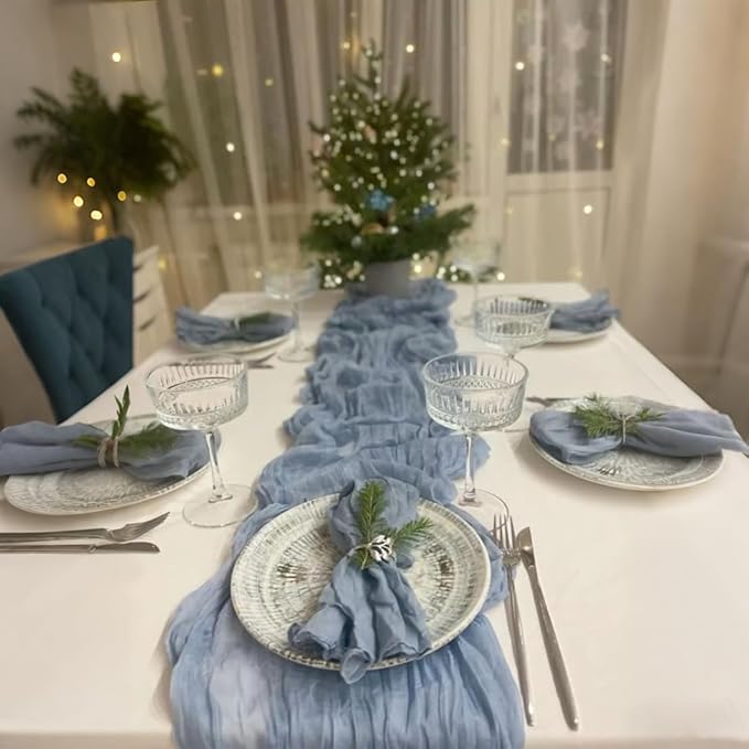 10 Pack Dusty Blue Cheesecloth Table Runner 35x120 Inch, 10FT Boho Gauze Cheese Cloth Table Runner Rustic Semi-Sheer Runner for Wedding Bridal Baby Shower Birthday Party Home Decor