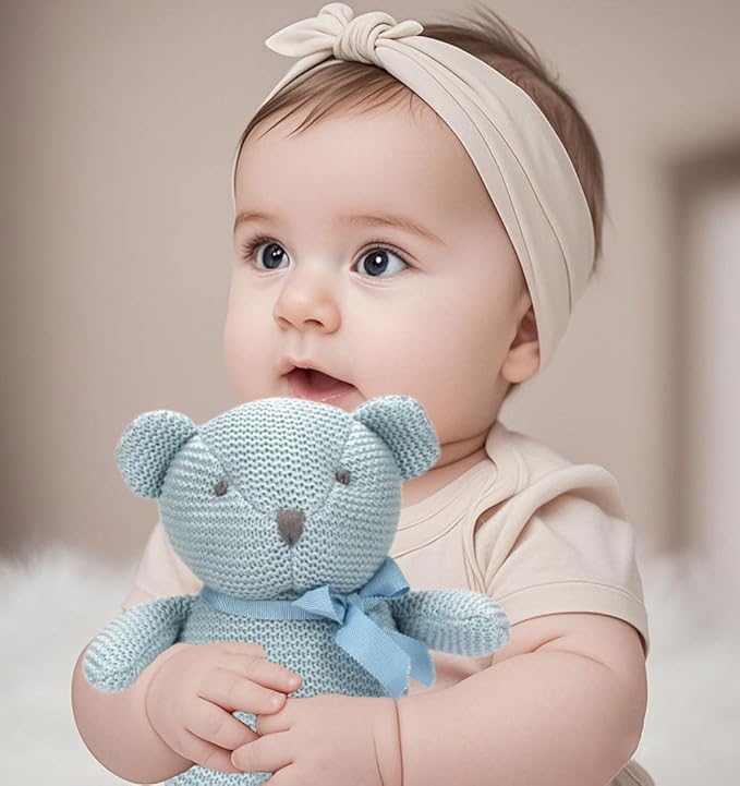 100% Organic Cotton Blue Teddy Bear 6.5", Baby Stuffed Animals for Newborn