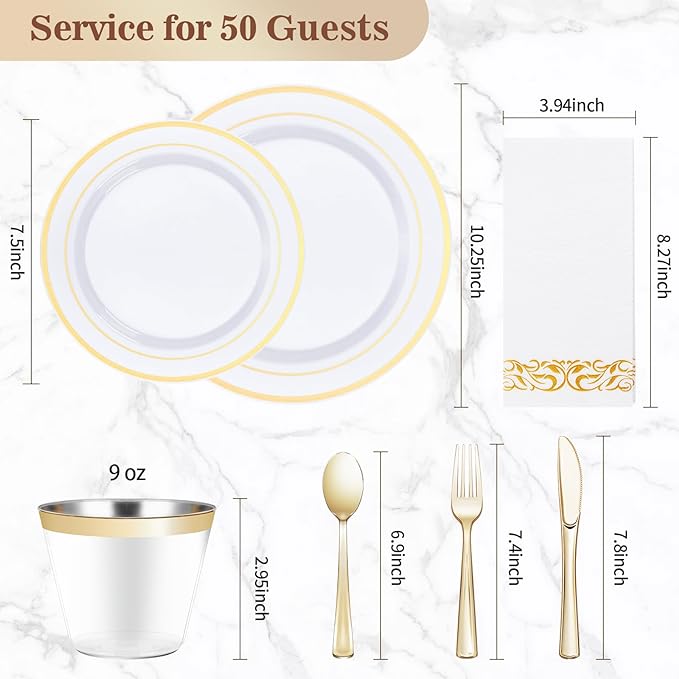 BESTVIP 350 PCS Gold Dinnerware Set for 50 Guests, Plastic Dinnerware Set for Party, Wedding, Christmas, Halloween, Include: 100 Plastic Plates, 50 Gold Silverware, 50 Cups, 50 Paper Napkins