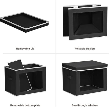 Storage Bins with Lids, 4 Pack Large Storage Cubes with Window, Closet Bins with Lids & Handles, Fabric Box for Organizing Clothes, Towels, Books, Black