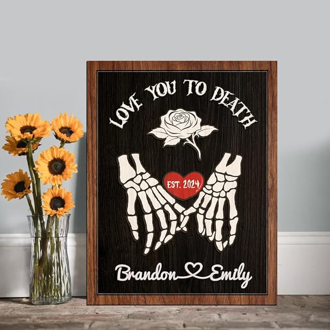 Custom Couple Skeleton Wooden Sign, Ghost Couple Gift, Halloween Skeletons Wedding Frame Sign, Love You To Death Sign, Gothic Decor, Wood Sign Birthday Gift for Boyfriend Girlfriend Engaged a7