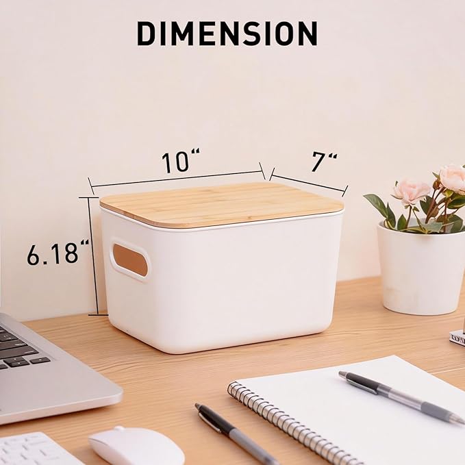 Citylife Storage Bins with Bamboo Lids 6QT Plastic Storage Containers Stackable Organizer Boxes with Handle for Desk Snacks, Toys, 2 PCS, 10"L x 7"W x 6.18"H