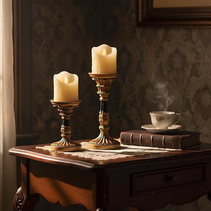Vintage Candle Holders Set of 3 – Hand-Painted Resin Pillar Candle Stands – Antique Gold Decorative Candle Holder Set for Table Centerpiece, Mantel, Wedding, and Home Decor