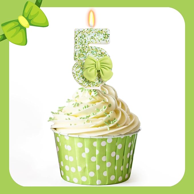 Birthday Candle for Cake, Green Bow Number Cake Candles, 2.76 inch Cake Topper Decoration for Birthday Party (Number 5)