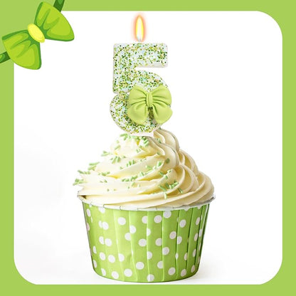 Birthday Candle for Cake, Green Bow Number Cake Candles, 2.76 inch Cake Topper Decoration for Birthday Party (Number 5)