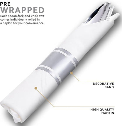400PCS Pre Rolled Silver Plastic Silverware Sets - Heavy Duty Fancy Silver Cutlery - Include 100 Pack Wrapped Disposable Utensils with Napkins for Parties, Dinners & Weddings