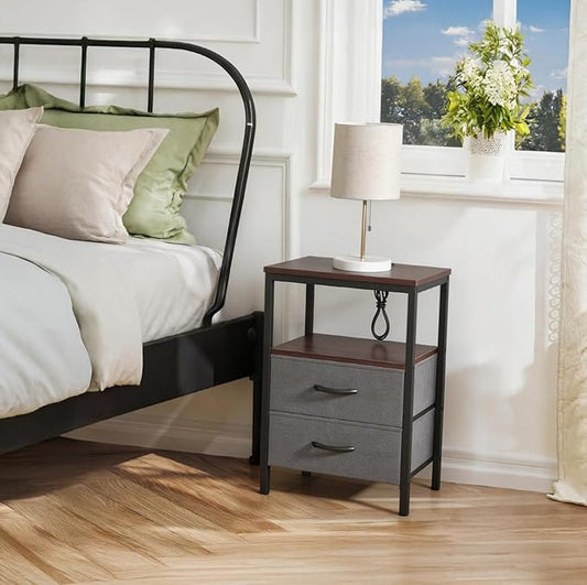 Huuger Nightstand with Charging Station, Fabric Drawers, End Table with Open Shelf, Bedside Table with USB Ports and Outlets, Night Stand for Bedroom, Walnut