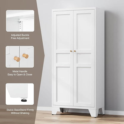 Yizosh Metal Storage Cabinet with 2 Doors and 4 Adjustable Shelves - 61" White Kitchen Pantry Storage 5-Tier Tall Steel Cabinets Locker for Kitchen, Living Room, Dining Room