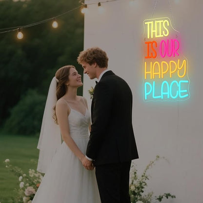 NOSUN This is Our Happy Place Neon Sign for Wall Decor Colorful Letter Neon Light Cheerful LED Neon Signs with USB for Gym Classroom Bedroom Children's Playground Bar