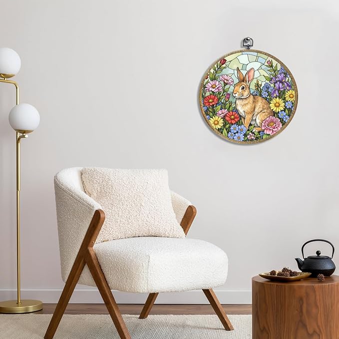 Cute Flower Rabbit Bunny Lovers Gift Garden Decor Framed Round Wall Decor Canvas Wall Art Hanging Prints Artwork for Home Porch Bedroom Housewarming Birthday Christmas Party 10.2X10.2 Inch