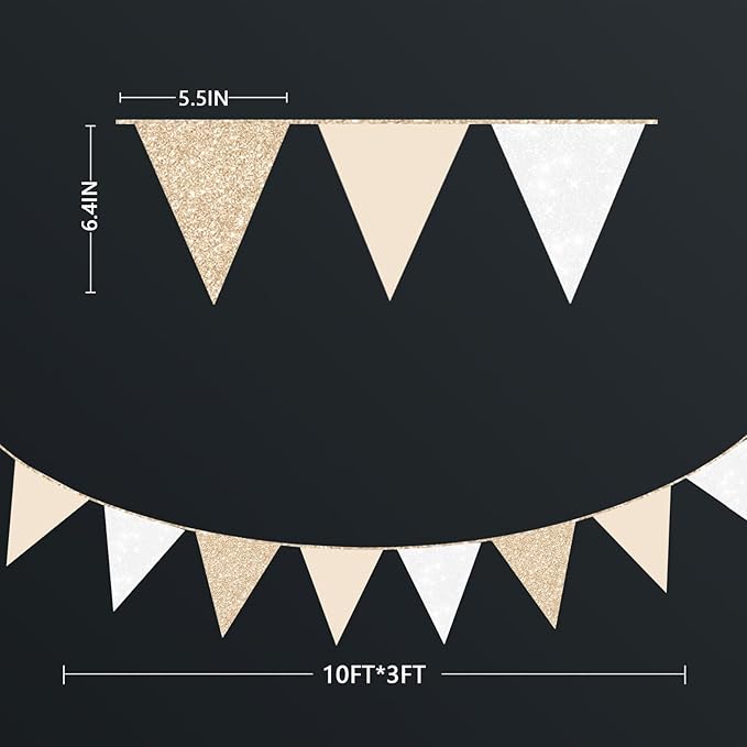 Champagne Gold Beige White Party Pennant Banner Flag Hanging Glitter Paper Triangle Bunting for Birthday Baby Shower Graduation Wedding Engagement Bridal Shower Holiday Baptism Party Decorations