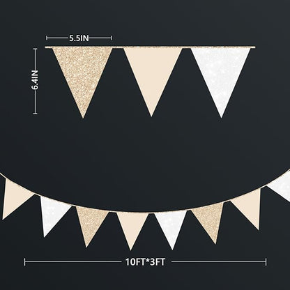 Champagne Gold Beige White Party Pennant Banner Flag Hanging Glitter Paper Triangle Bunting for Birthday Baby Shower Graduation Wedding Engagement Bridal Shower Holiday Baptism Party Decorations