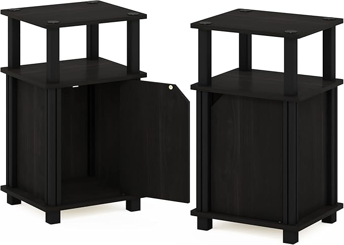 Furinno Brahms 3-Tier End Side Sofa Table/Nighstand with Door, 2-Pack, Espresso/Black