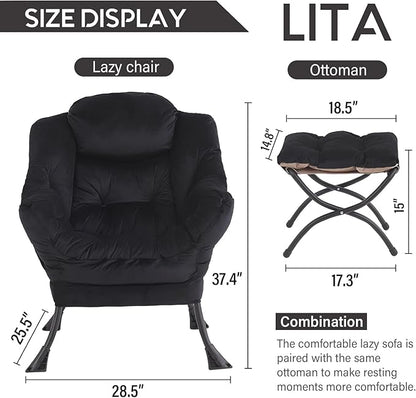 LITA Lazy Chair with Ottoman, Modern Accent Leisure Upholstered Sofa Chair, Contemporary Lounge Reading Chairs with Armrests and a Side Pocket for Living Room, Bedroom & Small Space, Black