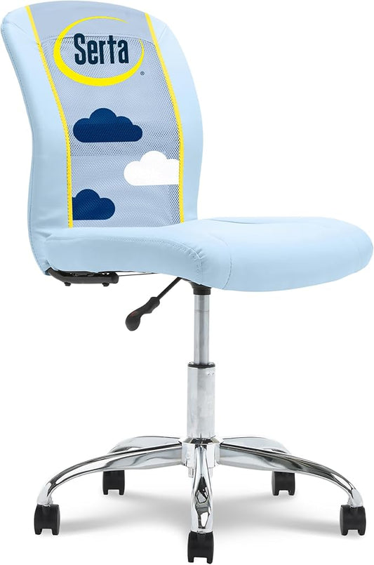 Serta Essential Armless TaskChair, Small Desk Chairs with Wheels, Breathable Mesh Back and Faux Leather, Quality Foam Cushion Seat for Comfort, Minimal Design for Vanity Table, Sky Blue
