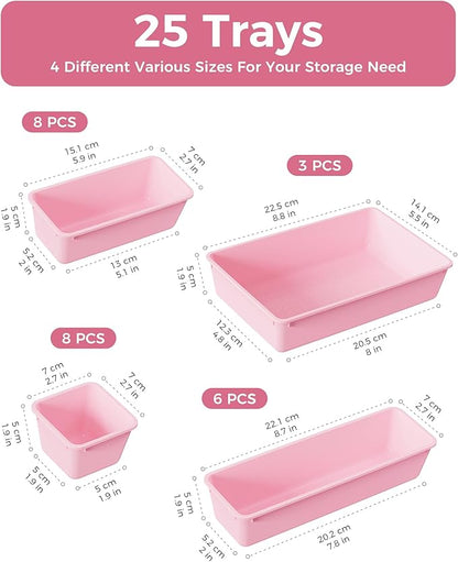 25 PCS Plastic Drawer Organizers Set, 4-Sizes Vanity and Makeup Organizer, Desk and bathroom Drawer Organizer Trays, Organizers and Storage for Makeup, Jewelry, Gadgets, Utensils (Pink)
