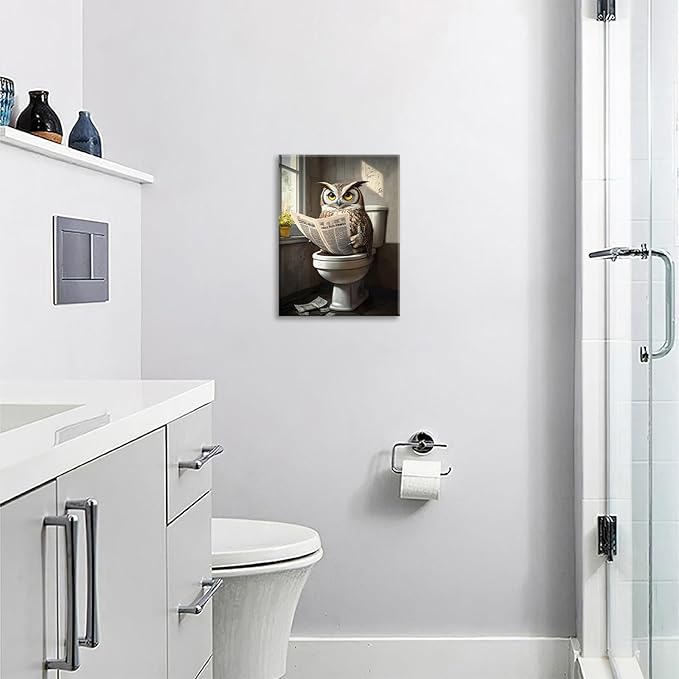 Owl Bathroom Wall Art, Funny Owl Toilet Pictures Wall Decor, Bird Canvas Prints, Animal Painting, Framed Artwork for Bathroom Living Room Bedroom Office Dining Room 24"X16"