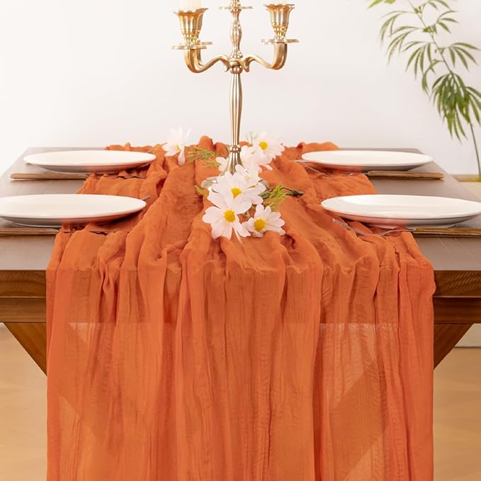 Socomi Orange Fall Thanksgiving Cheesecloth Table Runner Boho Rustic Gauze 120 inch 10FT Cheese Cloth Runner for Wedding Party Baby Shower Birthday Home Decor Holiday Decorations