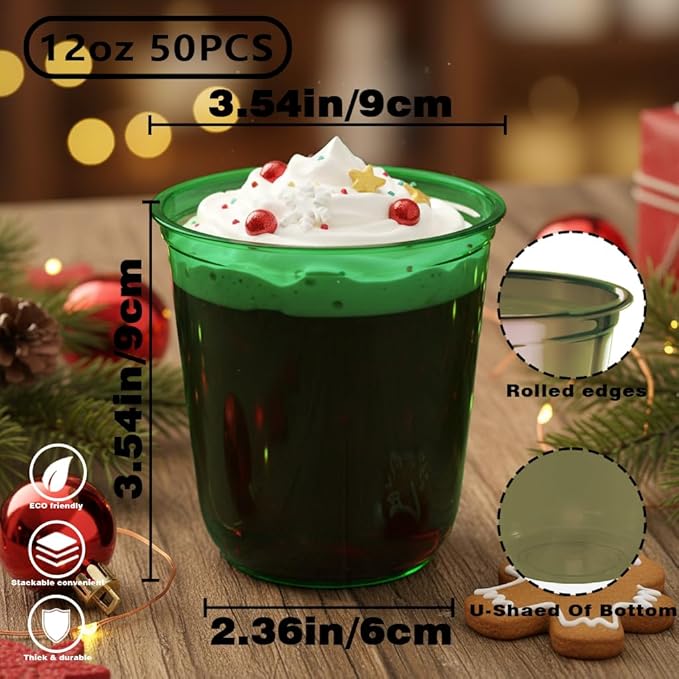 50pcs 12oz Disposable Stemless Glasses,PET Disposable Drinking Cups,Cold Party Clear Plastic Wine Glasses for Parties Birthday,Wedding,Meeting,Christmas Party Supplies. (Green)