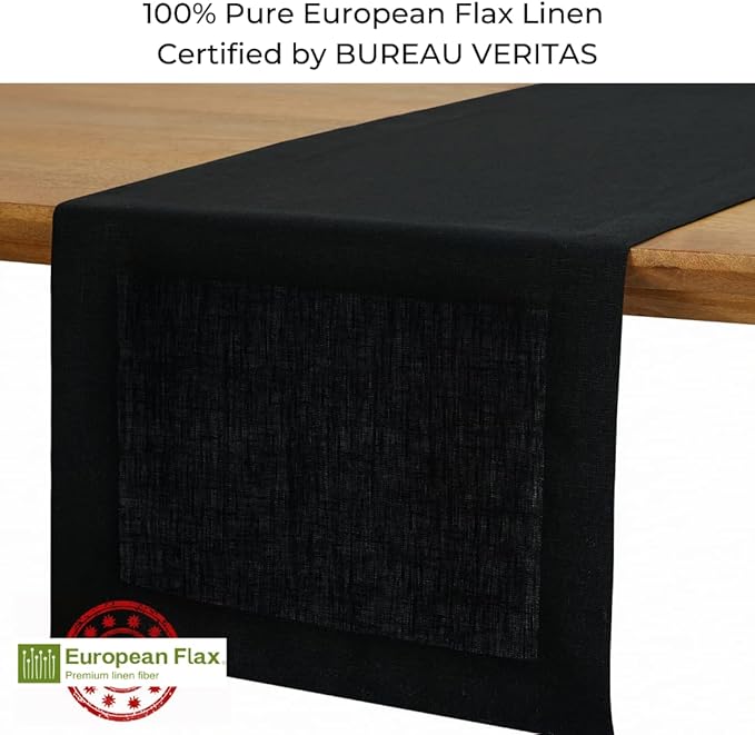 D'Moksha Homes Linen Black Table Runner 120 Inches Long - 100% Pure Linen Dining Table Runner 14 x 120 Inch for Winter, Christmas, Holiday - Machine Washable