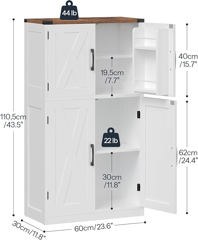 HOOBRO Bathroom Storage Cabinet, Farmhouse Freestanding Floor Cabinet with 2 Extra Hidden Storage Doors, Adjustable Shelves, Large Capacity, Easy Assembly, 11.8 x 23.6 x 43.5 Inches, White and Walnut