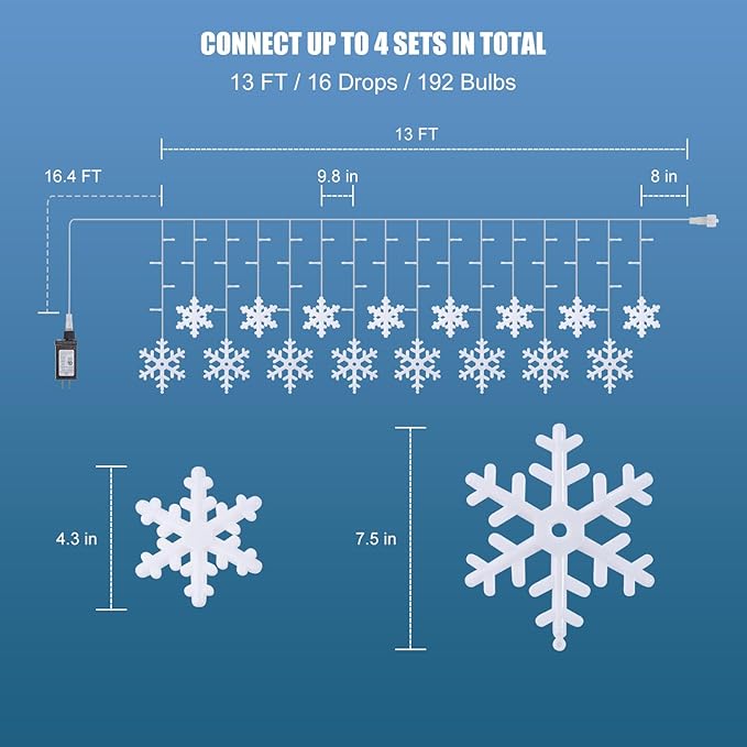 Minetom 2 Pack 13 ft 192 LED Snowflake Lights, Christmas Icicle Lights with 16 Drops, 12 Modes and Timer, IP65 Waterproof Connectable Christmas Light for House Window Indoor Outdoor, White