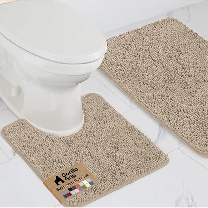 GORILLA GRIP Bathroom Rug Sets, Soft Chenille 2 Piece Area Rugs Set, Toilet Base Mat and 30x20 Carpet, Absorbent Microfiber Washable Mats Dry Quickly, Home Décor and Bath Room Accessories, Gray Beige