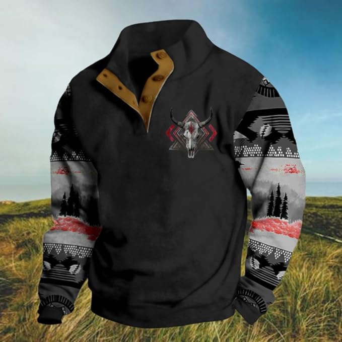 Mens Western Halloween Hoodie Button Up Henley Shirt Cowboys Sweatshirt Men Graphic Long Sleeve Pullover Tops