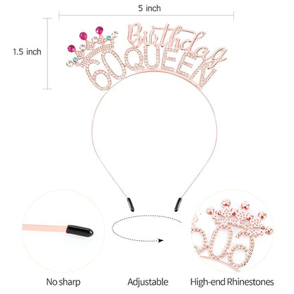 VELSCRUN 60th Birthday Queen Headband, Tiara Crown for Women, 60th Birthday Decorations for Her, Birth Queen Tiaras Crowns Sash for Women Mom Birth Party Decoration Hair Accessories Rose Gold