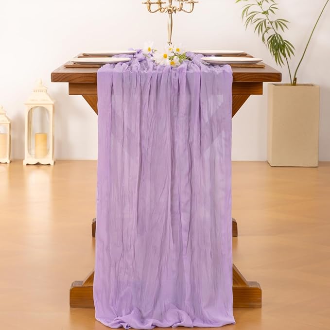 Socomi Lilac Purple Lavender Cheesecloth Table Runner Fall Thanksgiving Boho Rustic Gauze 120 inch 10FT Cheese Cloth Runner for Wedding Party Baby Shower Birthday Home Decor Holiday Decorations