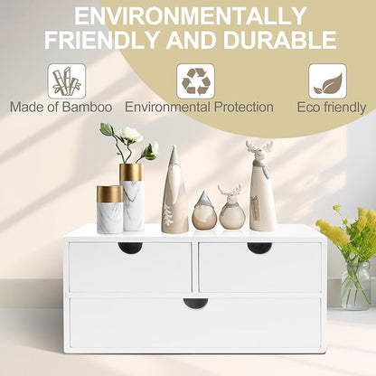 Bamboo Desk Organizer with 3 Drawers, Countertop Organizer with Drawers Makeup Storage Drawer 3 Drawer Tabletop Storage Organization Box Home Office Workspace（White）