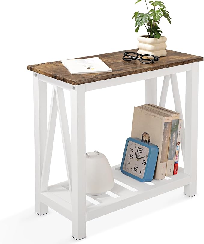 Narrow End Table Rectangular Side Tables for Small Spaces Wood Framed Night Stands Sofa Bedside Table for Living Room Brown Smooth Tabletop Industrial Accent Furniture for Bathroom Bedroom