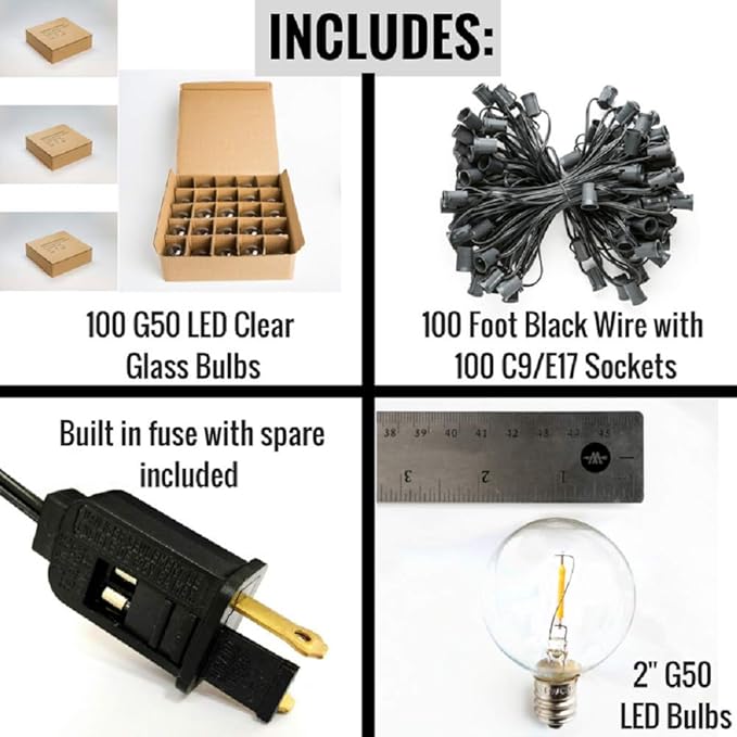 Hometown Evolution, Inc. G50 2" LED Filament Outdoor Patio String Lights with 0.6 Watt Light Bulbs (G50 LED - Black Wire, 100 ft)