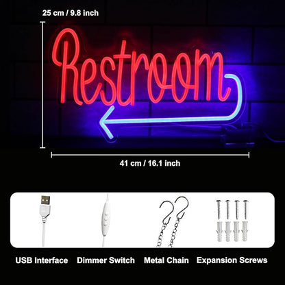Restroom Neon Sign Toilet Neon Signs for Wall Decor Washroom with Arrow Neon Light Red Blue Bathroom Neon Wall Light Up Signs for WC Bar Restaurant Hotel Shop Decor USB Powered