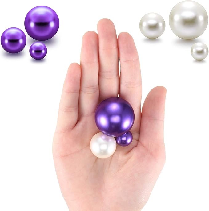 Hicarer 120 Pieces Pearl for Vase Filler Pearl Bead Vase Centerpieces Brush Holder Assorted Round Faux Bead for Crafting, Home Wedding Table Decor 14/20/30 mm(Creamy White, Purple)