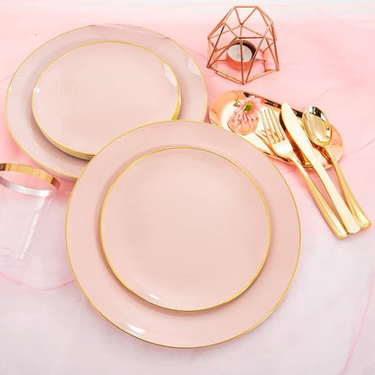 LIYH 180 Pcs Pink Plastic Plates - Disposable Dinnerware Set, Pink Dinner Plate Dessert Plate,Gold Plastic Silverware Cups for Weddings,Birthday Party 30 Guests