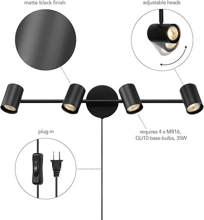 GLOBE Electric 64000119 4-Light Plug-in Track Lighting, Matte Black Finish, Adjustable Heads, Wall or Ceiling Mount, Modern Industrial Design
